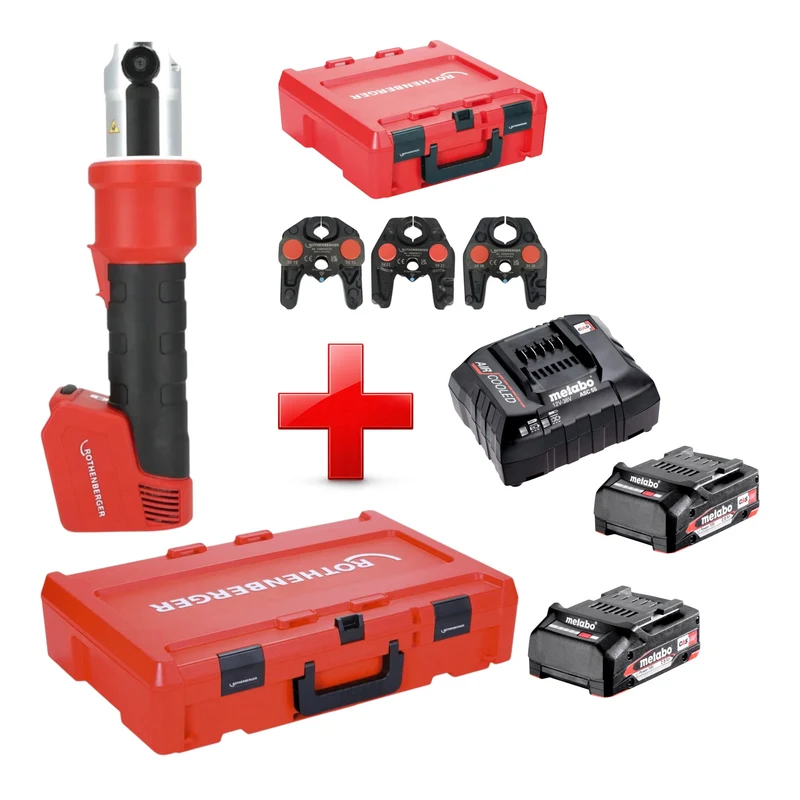 Rothenberger ROMAX NANO Akku Pressmaschine 18 V 34 kN CAS + 2x Akku 2,0 Ah + Ladegerät + 3 tlg. SV Pressbacken Set + Rocase