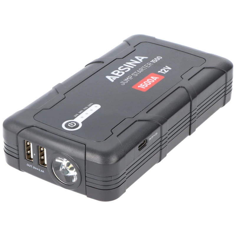 Absina Jumpstarter 1500, KFZ-Starthilfe-Powerakku mit Powerbank-Funktion und LED-Licht, ideal für PKW, Motorrad, Boot