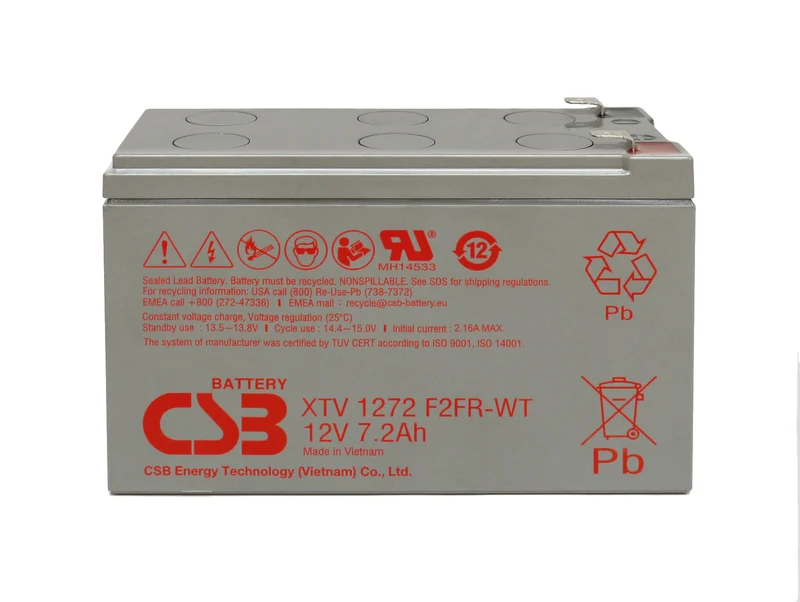 CSB-XTV1272FR-WT 12 Volt 7,2 Ah AGM Akku mit 6,3mm Anschluss, Flame retardant Geghäuse, Abmessungen 150,9x64,8x94,3