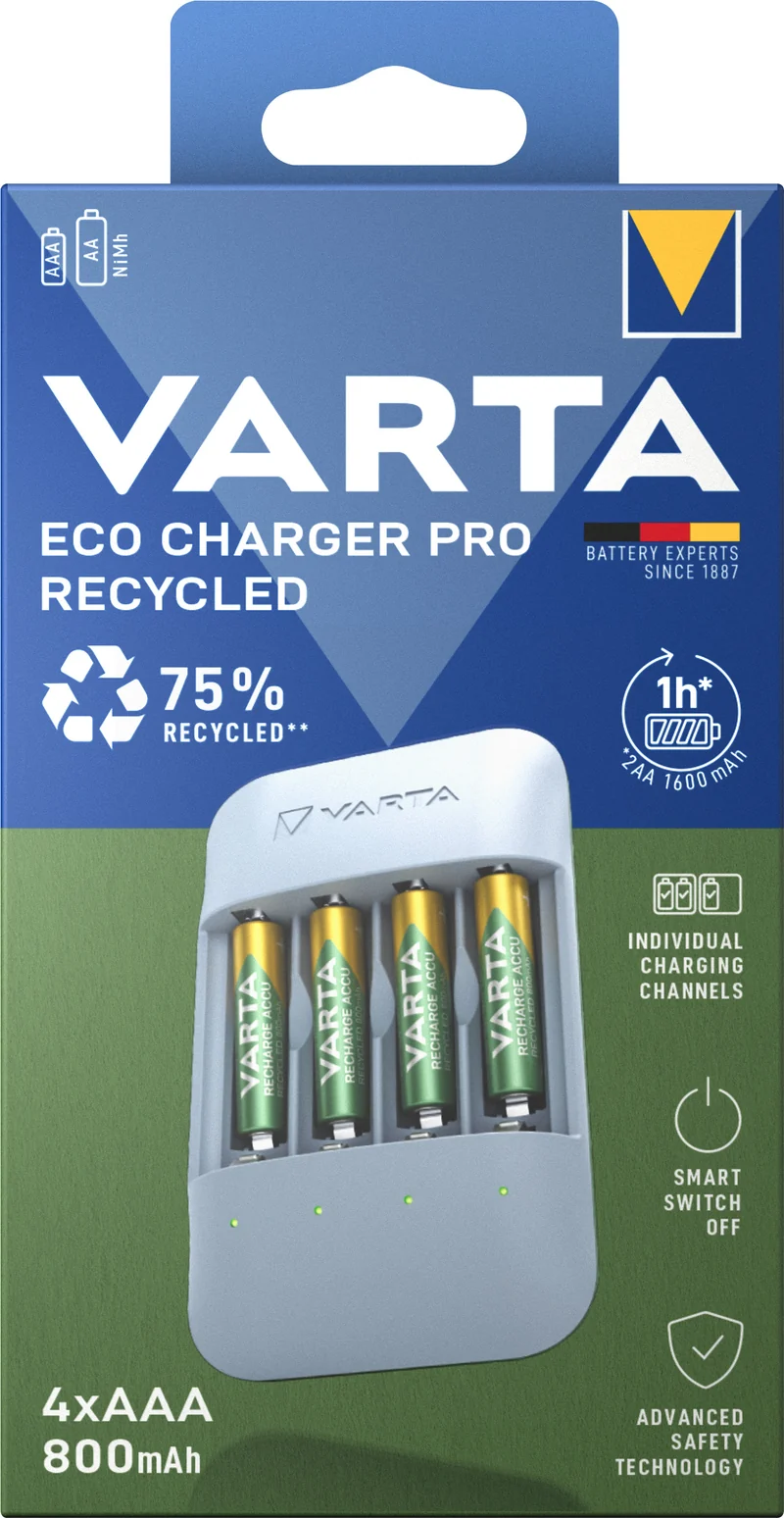 Varta Akku NiMH, Universal Ladegerät, Eco Charger Pro Recycled, inkl. Akkus, 4x Micro, AAA, 800mAh, Retail