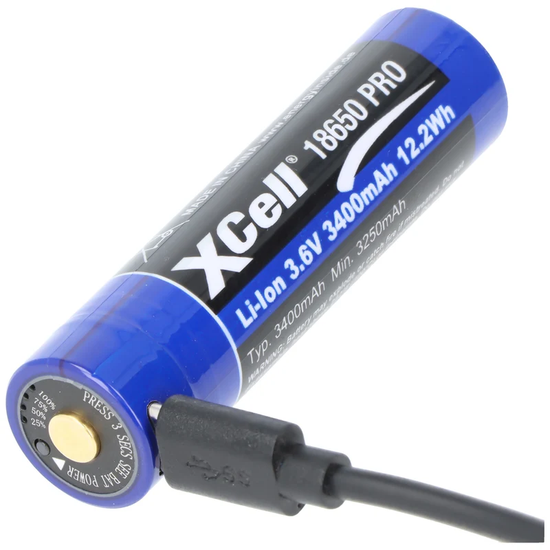 Xcell Pro 18650 Li-Ion Akku geschützter Li-Ion Akku, mit USB-C Ladebuchse, min. 3250mAh max. 3400mAh, 3,6 Volt, 71,1mm x 18,8mm
