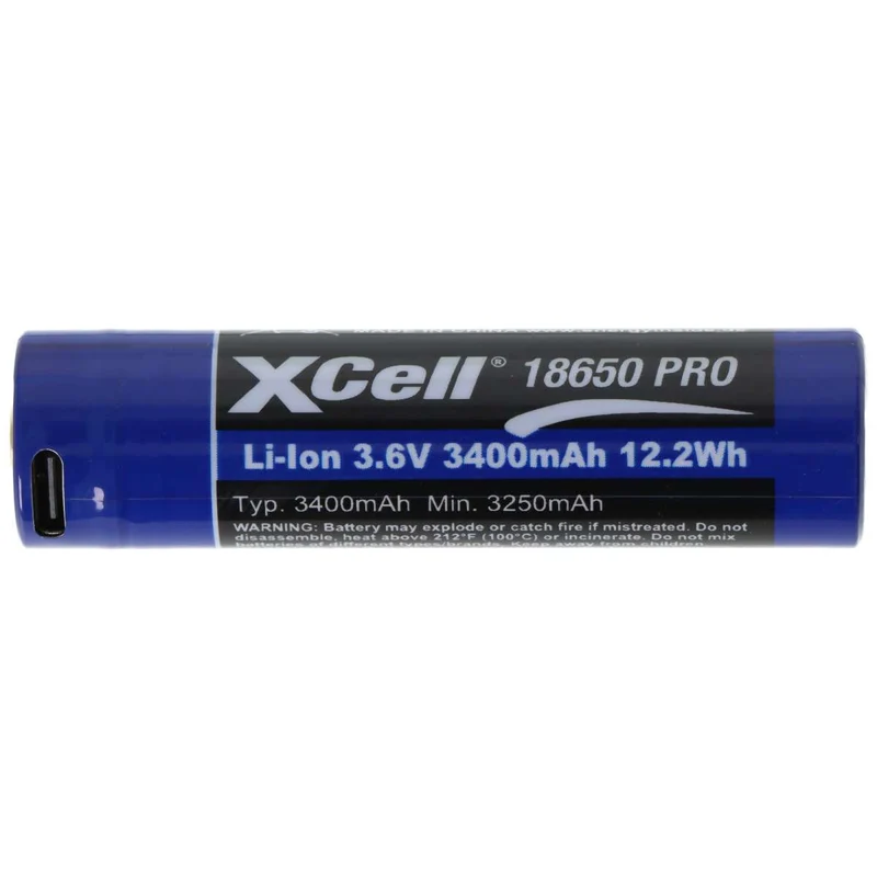 Xcell Pro 18650 Li-Ion Akku geschützter Li-Ion Akku, mit USB-C Ladebuchse, min. 3250mAh max. 3400mAh, 3,6 Volt, 71,1mm x 18,8mm