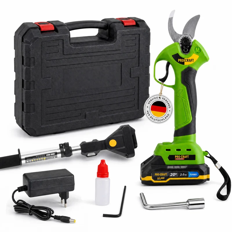 Procraft ES28Li Akku Astschere 20 V Brushless + Teleskop Verlängerung Aufsatz + 1x Akku 2,0 Ah + Ladegerät + Koffer