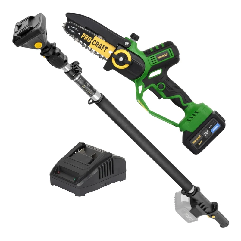 Procraft PKA32Li Akku Kettensäge 20 V 203 mm Brushless + Teleskop Verlängerung Aufsatz + 1x Akku 4,0 Ah + Ladegerät + Koffer