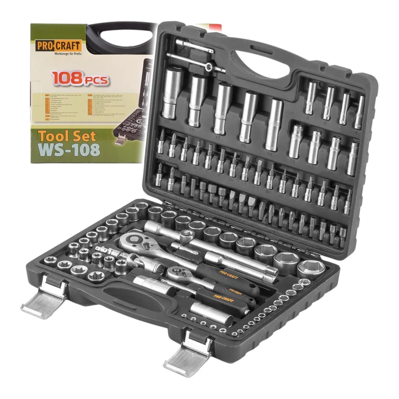 Procraft WS-108/72 Steckschlüssel Set 108 tlg. 1/4" / 1/2" Ratsche ( 72 Zähne ) / Schlüssel / Stecknuss / Bits + Koffer