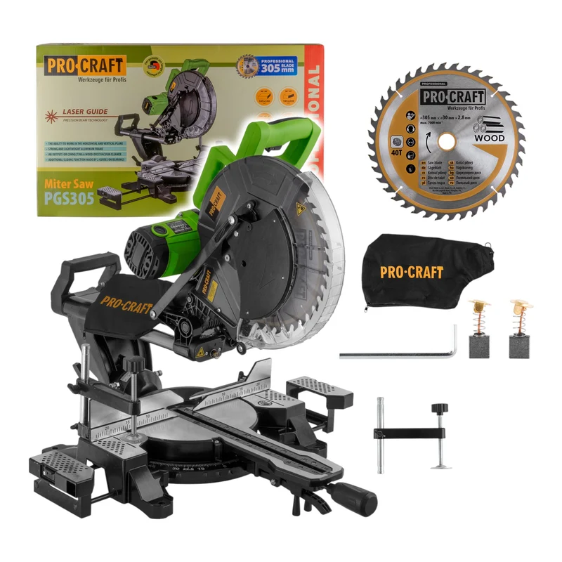 Procraft PGS305 Kapp- und Gehrungssäge 2000 W + 305 mm Sägeblatt 40 Z & Staubfangbeutel