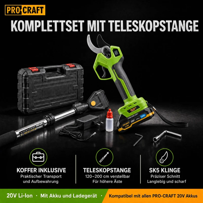Procraft ES32Li Akku Astschere 20 V Brushless + Teleskop Verlängerung Aufsatz + 1x Akku 2,0 Ah + Ladegerät + Koffer