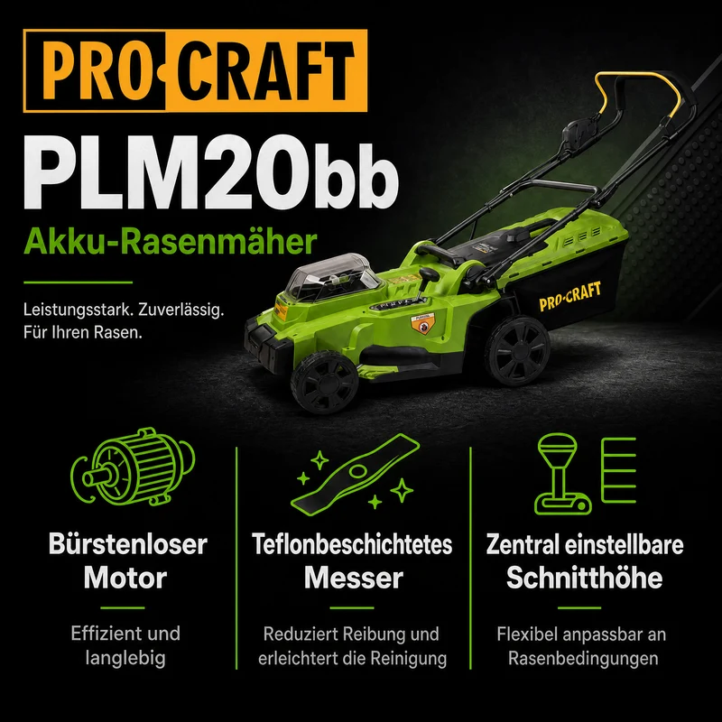 Procraft PLM20bb Akku Rasenmäher 40 V ( 2x 20 V ) 370 mm Brushless Solo - ohne Akku, ohne Ladegerät