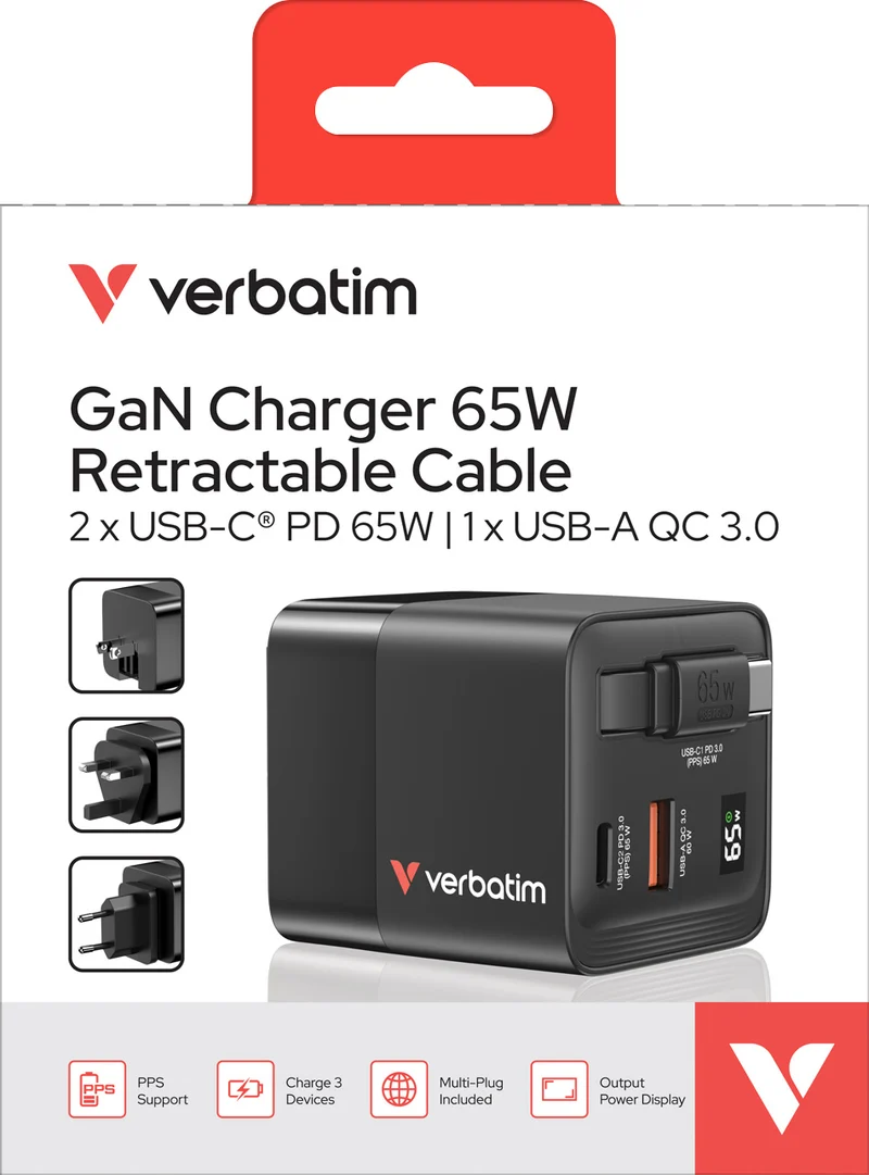 Verbatim Ladeadapter, GaN, 65W, Retractable, schwarz 1x USB-A QC, 2x USB-C PD, Retail