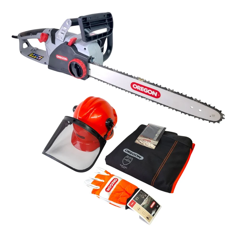 Oregon CS 1500 Kettensäge 2400 W 45 cm Schnittlänge 3/8" ( 579641 ) + Schutzausrüstung Set ( 574742A ) Schutzhelm / Beinschutz / Handschuhe