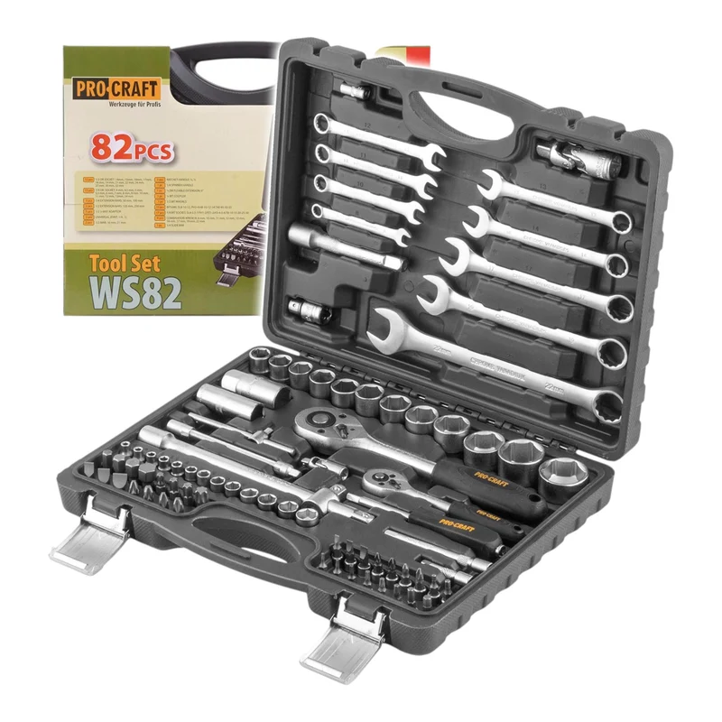 Procraft WS-82 Steckschlüssel Set 82 tlg. 1/4" / 1/2" Ratsche / Schlüssel / Stecknuss / Bits + Koffer