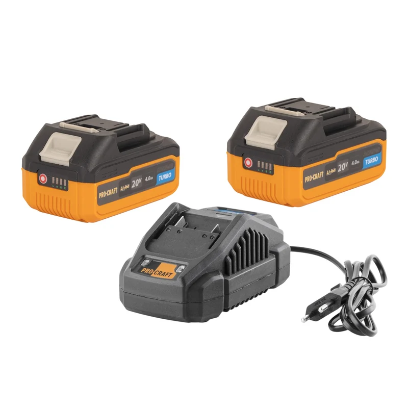 Procraft Starter Pack 20 V 20/2.4A Ladegerät + 2x 20/4 Turbo Akku 4,0 Ah