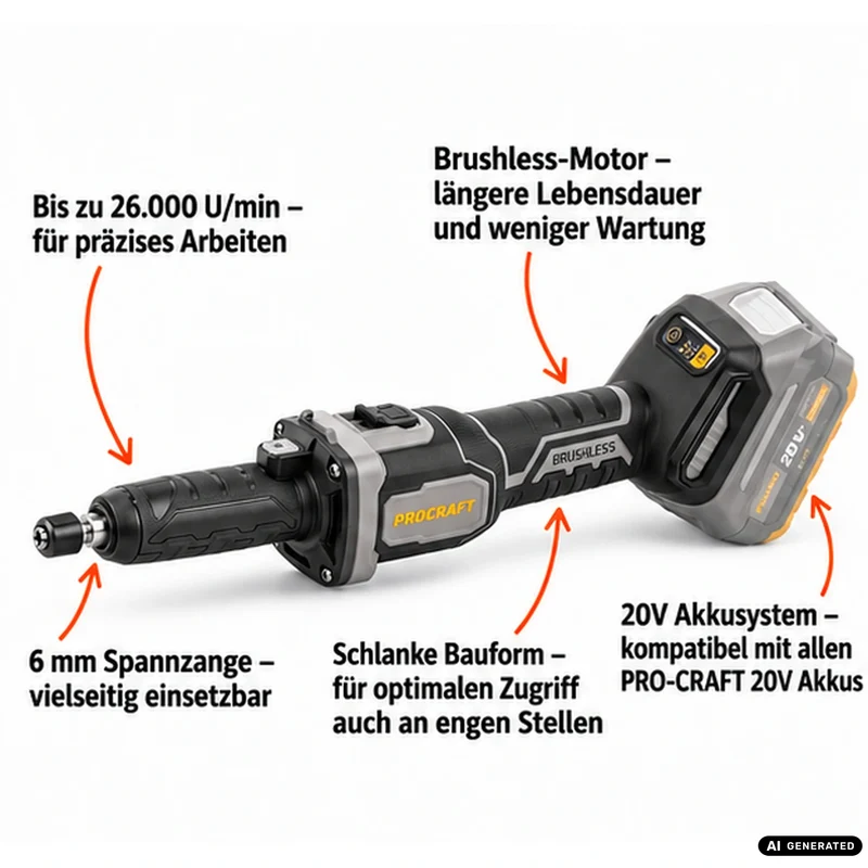 Procraft Industrial DG20A-BB Akku Geradschleifer 20 V 6 mm Brushless + 1x Akku 2,0 Ah - ohne Ladegerät