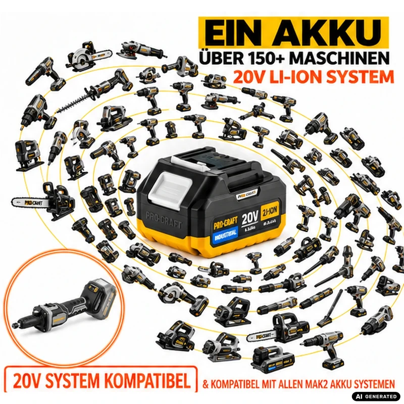 Procraft Industrial DG20A-BB Akku Geradschleifer 20 V 6 mm Brushless + 1x Akku 2,0 Ah - ohne Ladegerät