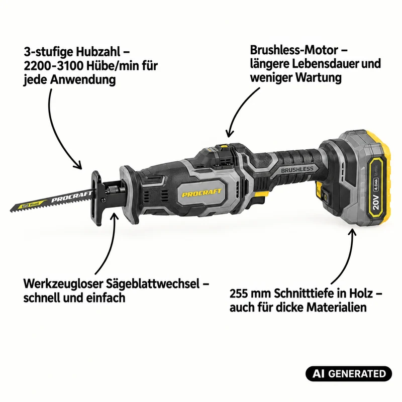 Procraft Industrial RS20Abb Recipro Säbelsäge 20 V Brushless + 1x Akku 2,0 Ah - ohne Ladegerät