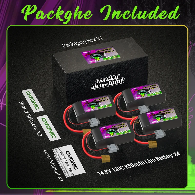Ovonic Rebel 2.0 130C 4S 850mAh Lipo Akku 14,8V Pack mit XT60 Stecker (4 St.)