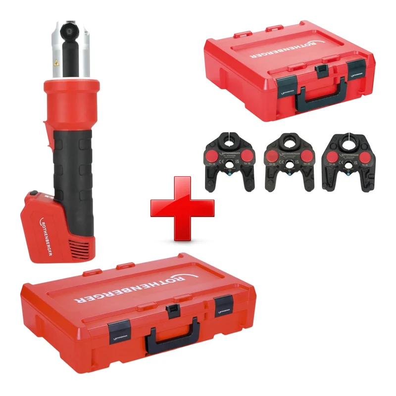 Rothenberger ROMAX NANO Akku Pressmaschine 18 V 34 kN CAS + 3 tlg. TH Pressbacken Set + Rocase - ohne Akku, ohne Ladegerät