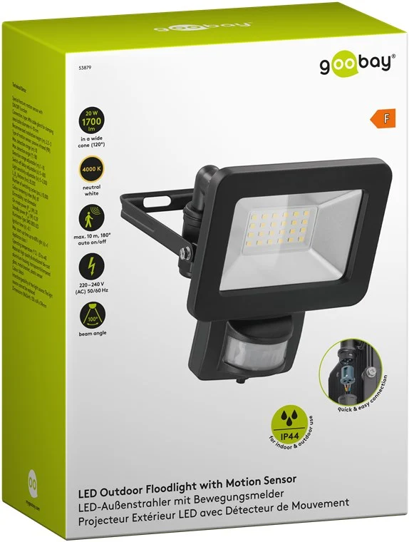 Goobay LED-Außenstrahler, 20 W, mit Bewegungsmelder - mit 1700 lm, neutralweißem Licht (4000 K), PIR-Sensor mit ON-/OFF-Funktion und M16-Kabelverschraubung, für den Außeneinsatz geeignet (IP44)