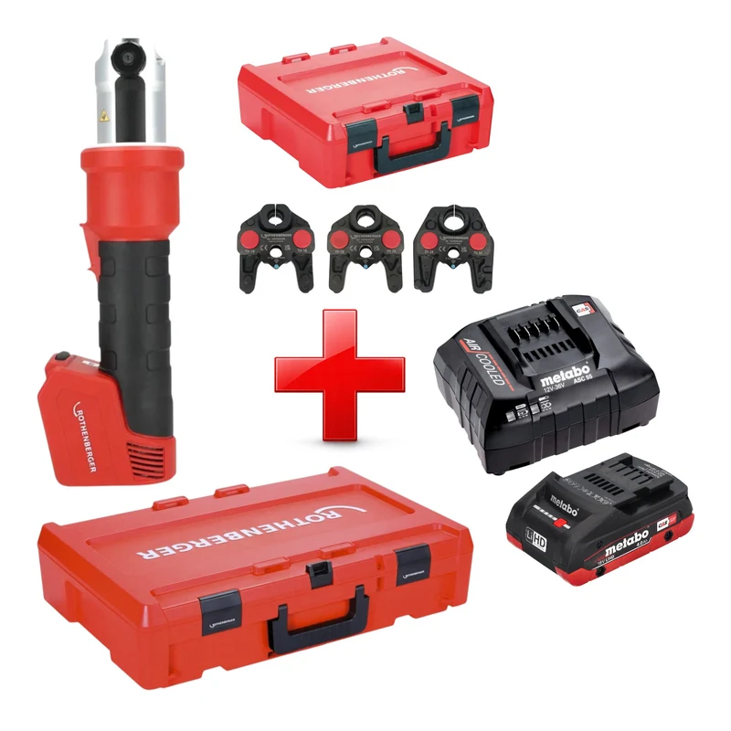Rothenberger ROMAX NANO Akku Pressmaschine 18 V 34 kN CAS + 1x LiHD Akku 4,0 Ah + Ladegerät + 3 tlg. TH Pressbacken Set + Rocase