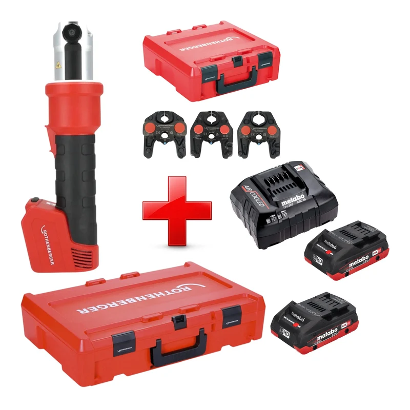 Rothenberger ROMAX NANO Akku Pressmaschine 18 V 34 kN CAS + 2x LiHD Akku 4,0 Ah + Ladegerät + 3 tlg. SV Pressbacken Set + Rocase