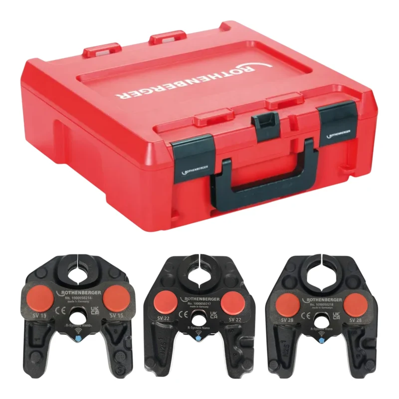 Rothenberger ROMAX NANO Akku Pressmaschine 18 V 34 kN CAS + 2x LiHD Akku 4,0 Ah + Ladegerät + 3 tlg. SV Pressbacken Set + Rocase