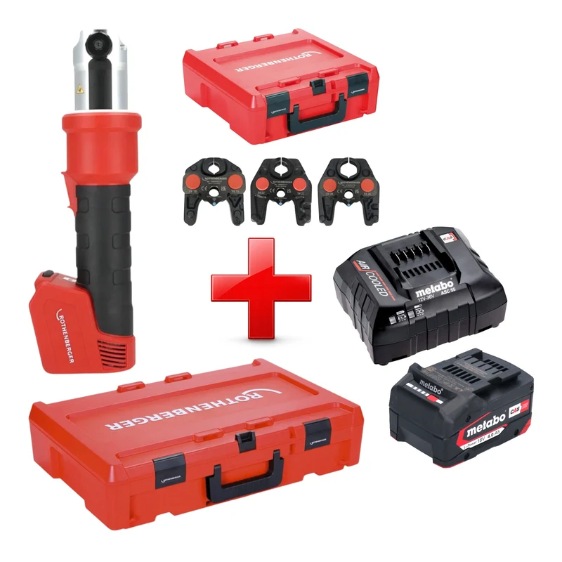 Rothenberger ROMAX NANO Akku Pressmaschine 18 V 34 kN CAS + 1x Akku 4,0 Ah + Ladegerät + 3 tlg. SV Pressbacken Set + Rocase
