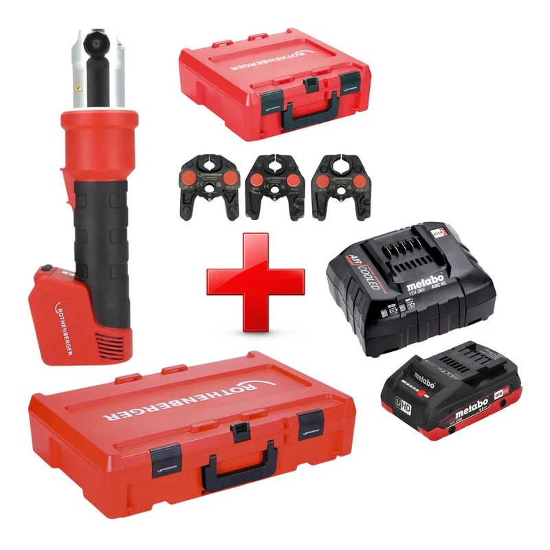 Rothenberger ROMAX NANO Akku Pressmaschine 18 V 34 kN CAS + 1x LiHD Akku 4,0 Ah + Ladegerät + 3 tlg. SV Pressbacken Set + Rocase