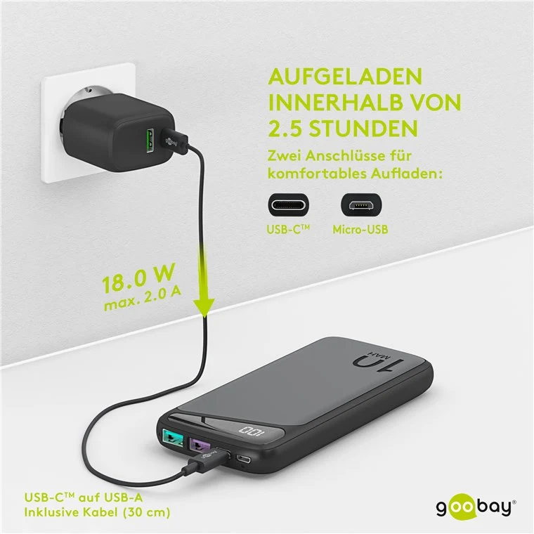Goobay Schnelllade-Powerbank 10.000 mAh (USB-C™ PD, QC 3.0) - Leistungsstarke Powerbank mit Statusanzeige, Quick Charge-kompatibel
