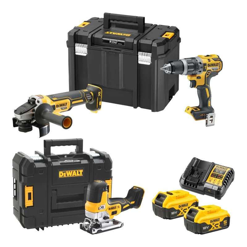 DeWalt DCK 329 P2T Akku Kombopack Set 18 V DCD 796 Schlagbohrschrauber + DCG 405 Winkelschleifer + DCS 335 Stichsäge + 2x Akku 5,0 Ah + Ladegerät + 2x TSTAK