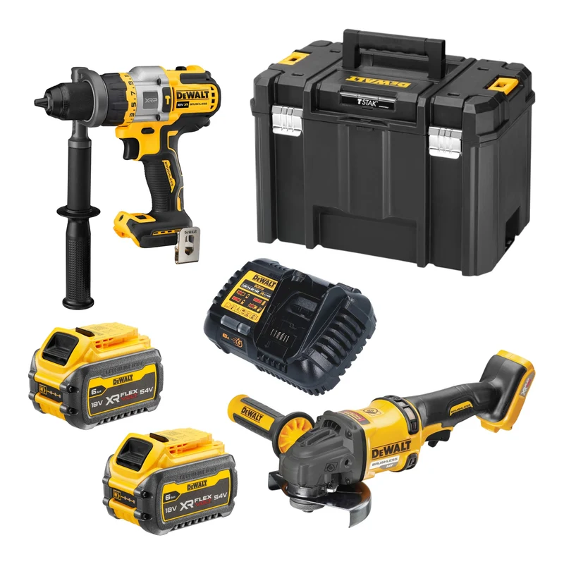 DeWalt DCK 2016 T2T Akku Kombopack Set 18 V / 54 V FlexVOLT DCD 999 Schlagbohrschrauber + DCG 418 Winkelschleifer + 2x Akku 6,0 Ah + Ladegerät + TSTAK