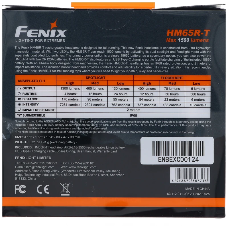 Fenix HM65R-T Stirnlampe, wiederaufladbare LED Stirnleuchte mit max. 1300 Lumen, Ladung über USB-C, inklusive Fenix ARB-L18-3500 Akku
