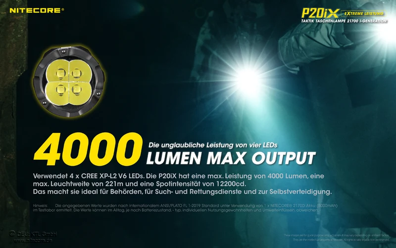Nitecore P20iX LED-Taschenlampe, 4000 Lumen, taktische Taschenlampe mit Memoryfunktion, 21700 Li-Ion Akku Typ NL2150HPi 5000mAh