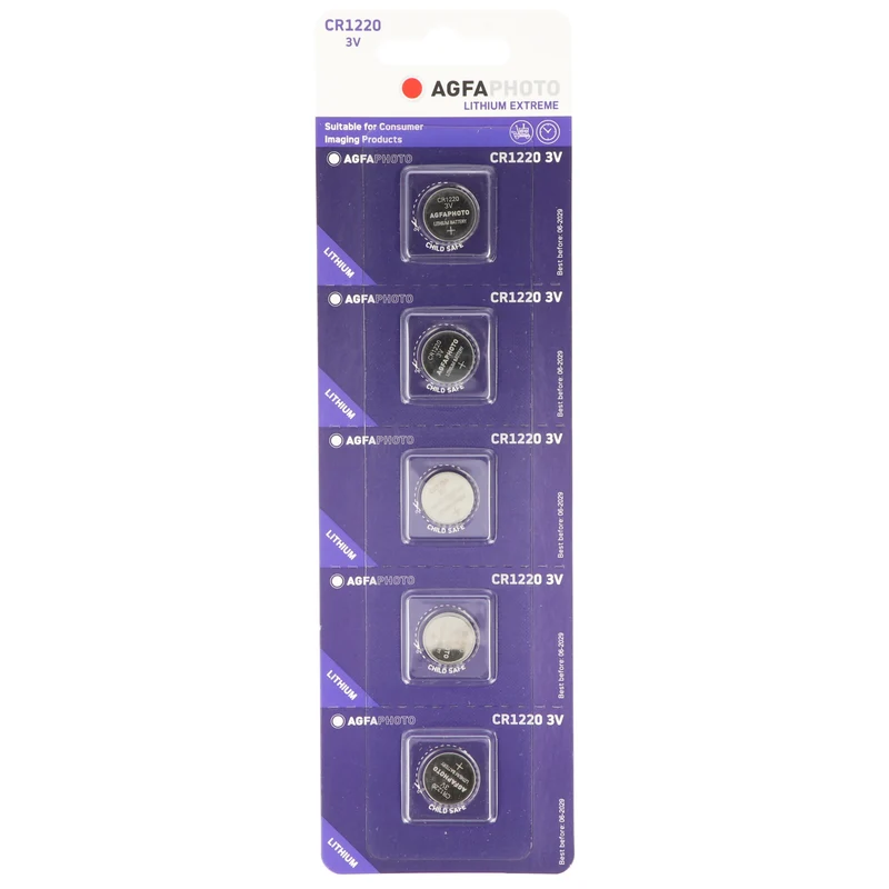 Agfaphoto Batterie Lithium, Knopfzelle, CR1220, 3V Extreme, Retail Blister (5-Pack)