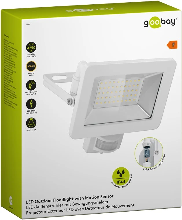 Goobay LED-Außenstrahler, 50 W, mit Bewegungsmelder - mit 4250 lm, neutralweißem Licht (4000 K), PIR-Sensor mit ON-/OFF-Funktion und M16-Kabelverschraubung, für den Außeneinsatz geeignet (IP44)