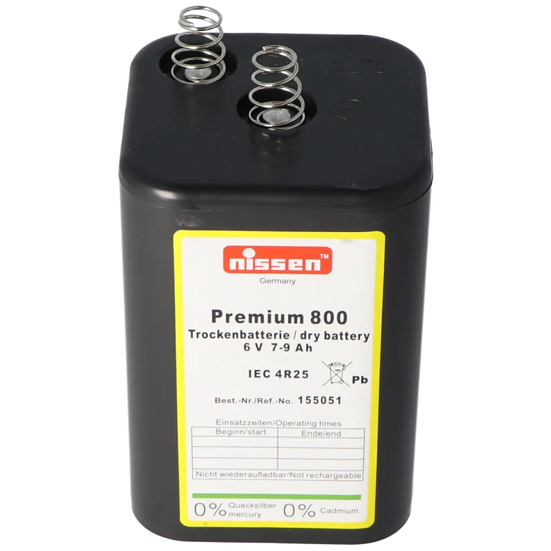 Nissen Premium 800 4R25 Batterie 6 Volt max. 9000mAh Kapazität, Trockenbatterie Nissen 4R25 ohne Quecksilber und Cadmium