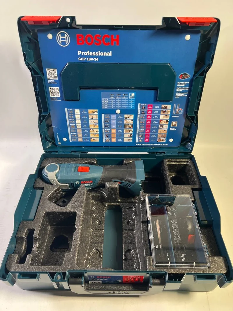 Bosch GOP 18V-34 Professional Akku Multi Cutter 18 V Starlock Plus ( 06018G2002 ) + 17 tlg. Zubehör + L-Boxx - ohne Akku, ohne Ladegerät - Leicht Gebraucht