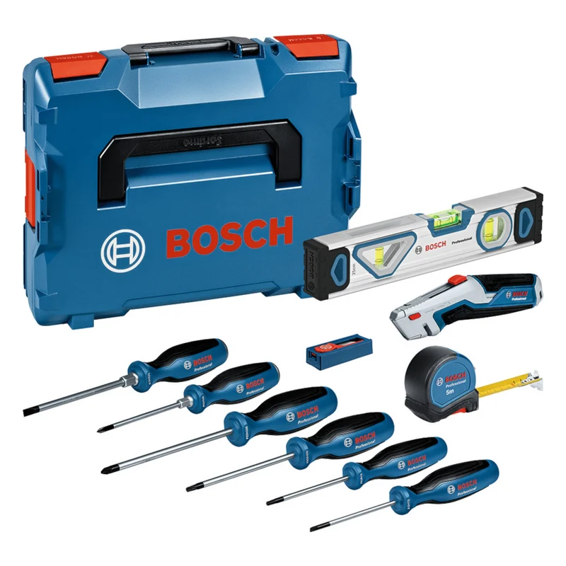 Bosch PRO Handwerkzeug Set 19 tlg. ( 0615990N2R ) Schraubendreher / Wasserwaage / Maßband / Messer / Klinge + L-Boxx
