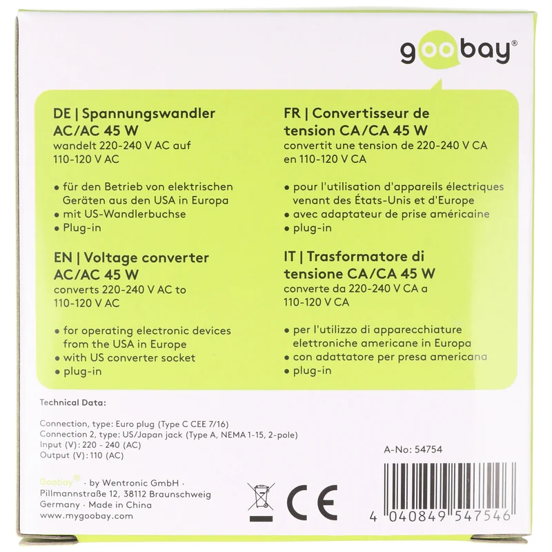 AccuCell Spannungswandler AC 220-240 V AC auf 110-120 V AC (max. 45W beachten)