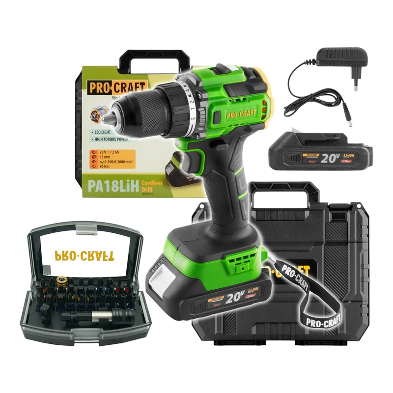 Procraft PA18LiH-1B-C Akku Bohrschrauber 20 V 80 Nm Brushless + 1x Akku 2,0 Ah + Ladegerät + 32 tlg. Bit Set + Koffer
