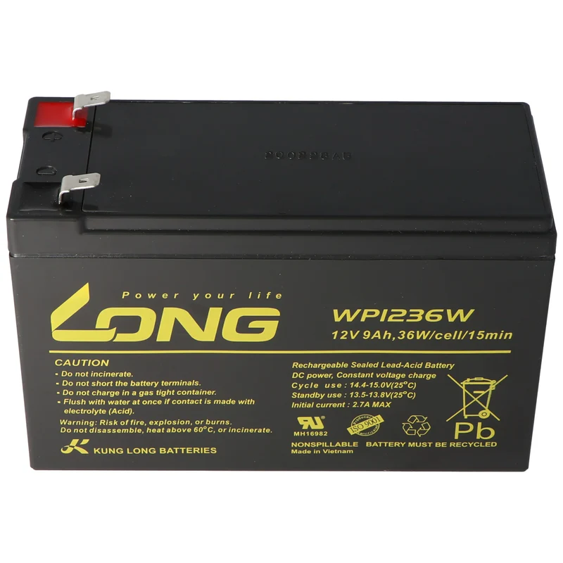 Kung Long WP1236W 12Volt 36W Blei Akku mit 9Ah, 6,3mm Faston Steckkontakt Tab 250