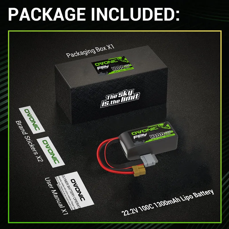 Ovonic FPV 6S LiPo Akku 22,2V 100C 6S 1300mAh LiPo-Akku mit XT60-Stecker