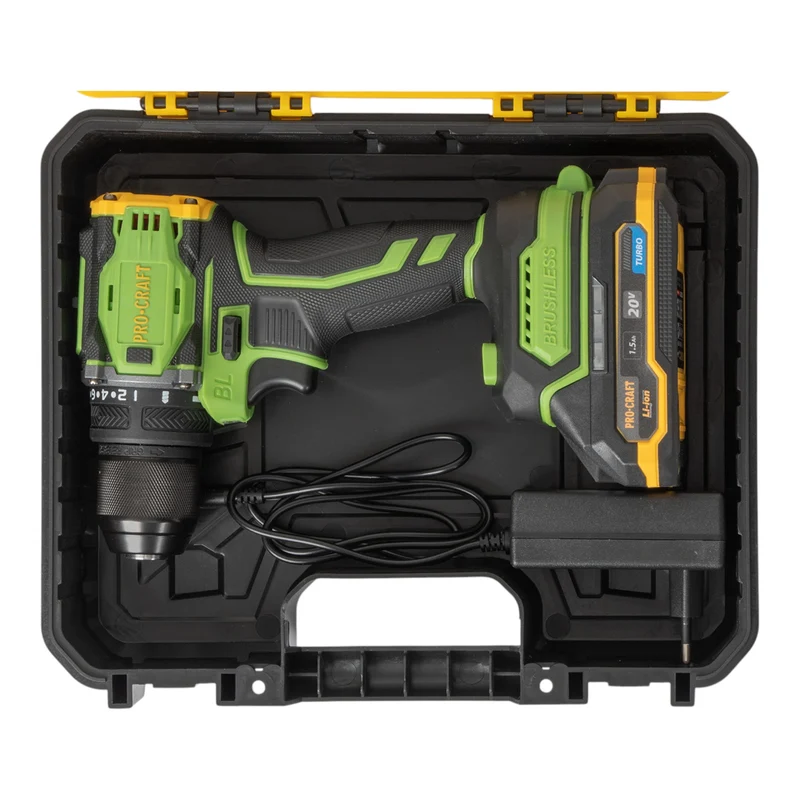 Procraft PA18Pro Akku Bohrschrauber 20 V 30 Nm Brushless + 1x Akku 1,5 Ah + Ladegerät + 32 tlg. Bit Set + Koffer