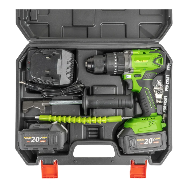 Procraft PA18BL Akku Schlagbohrschrauber 20 V 50 Nm Brushless + 2x Akku 4,0 Ah + Ladegerät + 32 tlg. Bit Set + Koffer