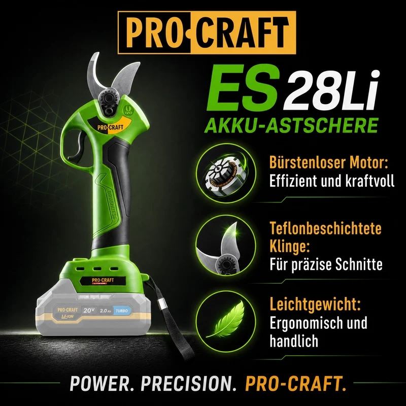 Procraft ES28Li bb Akku Astschere Gartenschere 20 V 25 mm Solo - ohne Akku, ohne Ladegerät