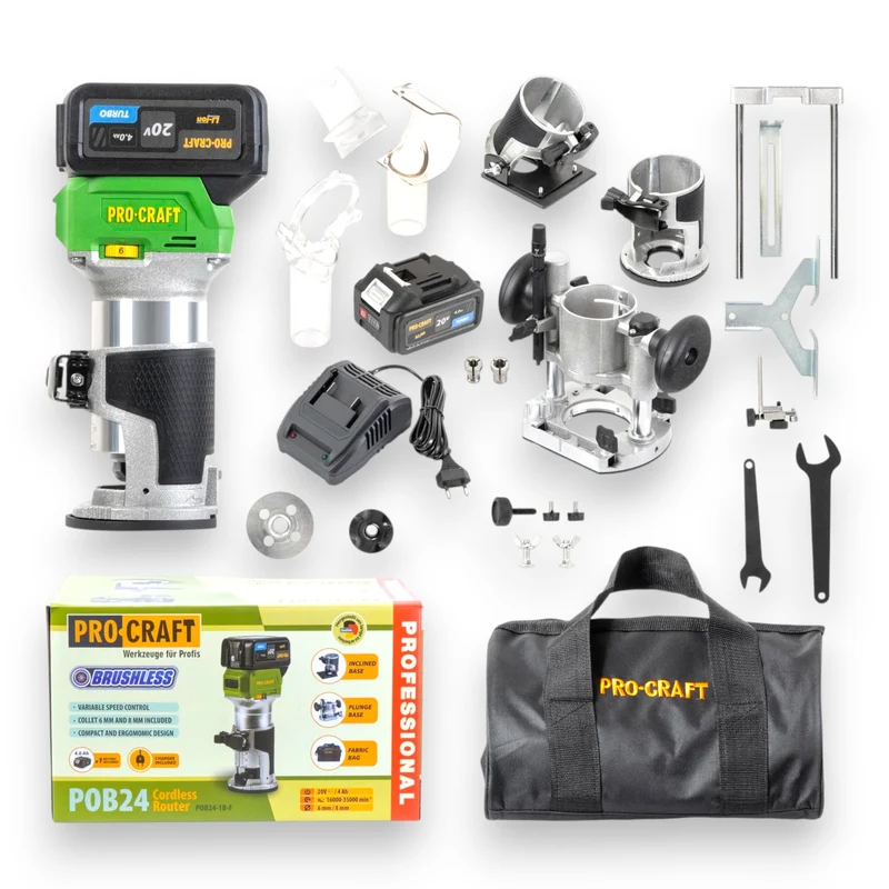 Procraft POB24-1B-F Akku Multifunktionsfräse 20 V 6 / 8 mm Brushless + 1x Akku 4,0 Ah + Ladegerät + 3-in-1 Zubehör + Tasche