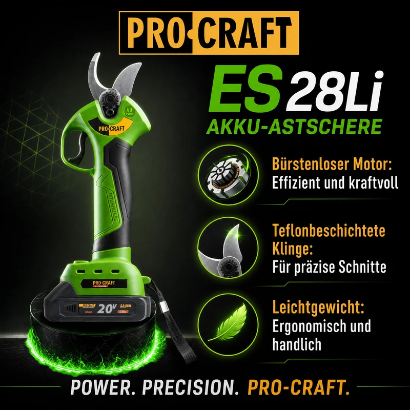Procraft ES28Li bb Akku Astschere Gartenschere 20 V 25 mm + 1x Akku 2,0 Ah + Ladegerät