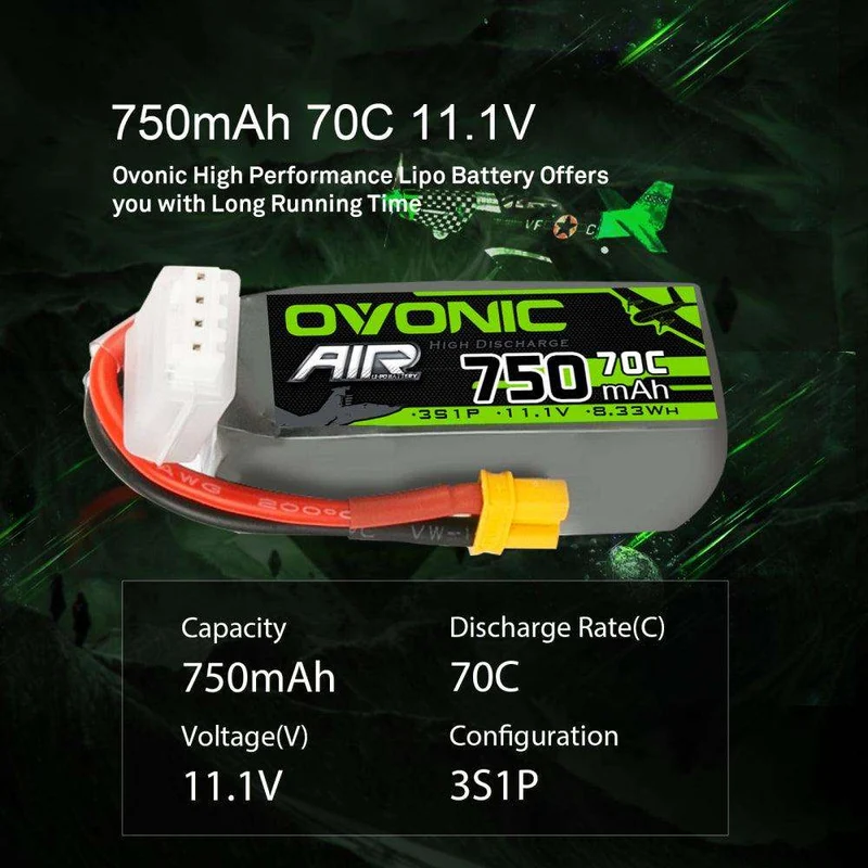 Ovonic Air 3S LiPo Akku 750mAh 11,1V 70C für RC-Helikopter LOGO 200 - XT30-Stecker (2 Stück)