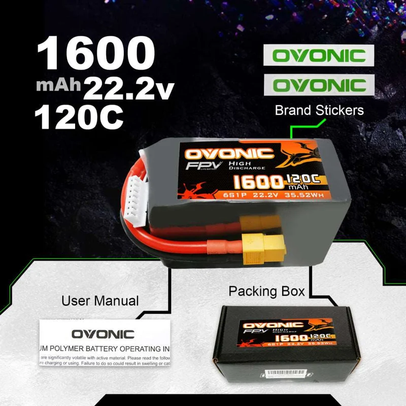 Ovonic FPV 6S LiPo Akku 1600mAh 120C 22,2V für FPV-Racing mit XT60-Stecker