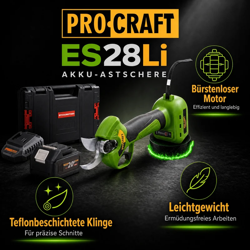 Procraft ES28Li bb Akku Astschere Gartenschere 20 V 25 mm + 1x Akku 4,0 Ah + Ladegerät + RHINO Toolcase