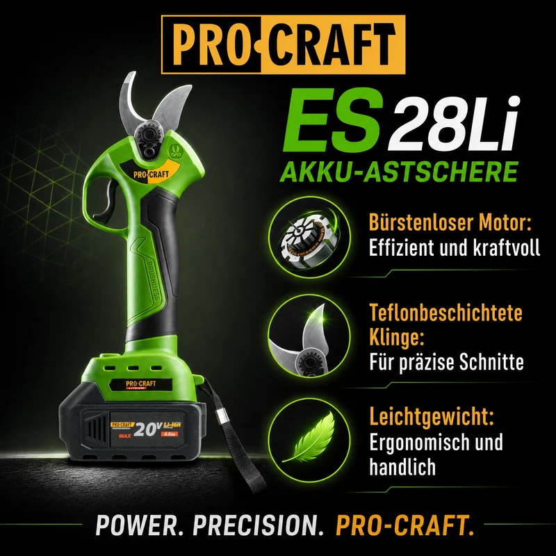 Procraft ES28Li bb Akku Astschere Gartenschere 20 V 25 mm + 2x Akku 4,0 Ah + Ladegerät